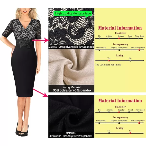 VFSHOW Womens Floral Lace Applique Waist V Neck Colorblock Cocktail Bodycon DressBlack  Floral Lace