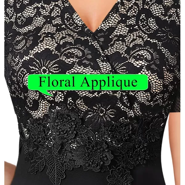 VFSHOW Womens Floral Lace Applique Waist V Neck Colorblock Cocktail Bodycon DressBlack  Floral Lace