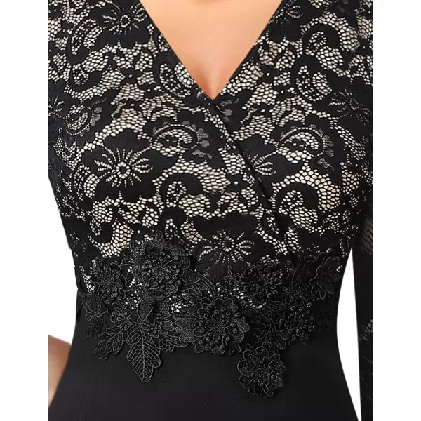 VFSHOW Womens Floral Lace Applique Waist V Neck Colorblock Cocktail Bodycon DressBlack  Floral Lace3