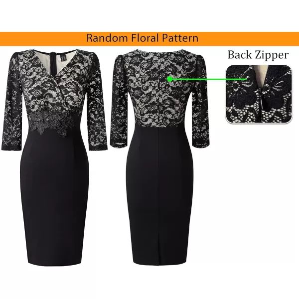 VFSHOW Womens Floral Lace Applique Waist V Neck Colorblock Cocktail Bodycon DressBlack  Floral Lace3