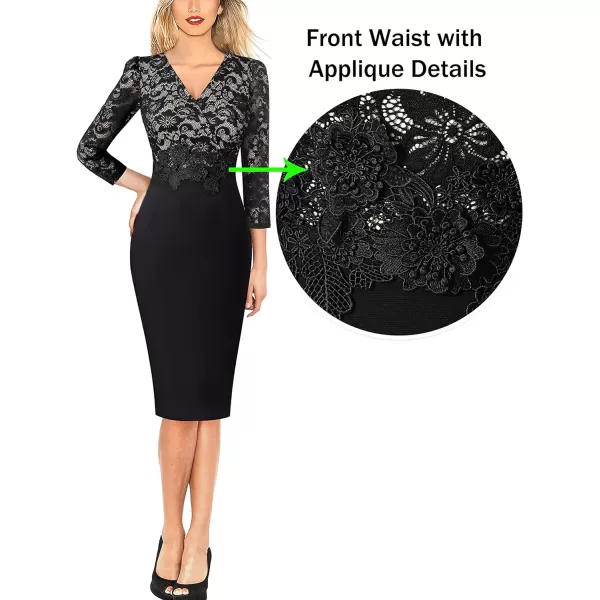 VFSHOW Womens Floral Lace Applique Waist V Neck Colorblock Cocktail Bodycon DressBlack  Floral Lace3