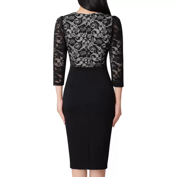 VFSHOW Womens Floral Lace Applique Waist V Neck Colorblock Cocktail Bodycon DressBlack  Floral Lace3