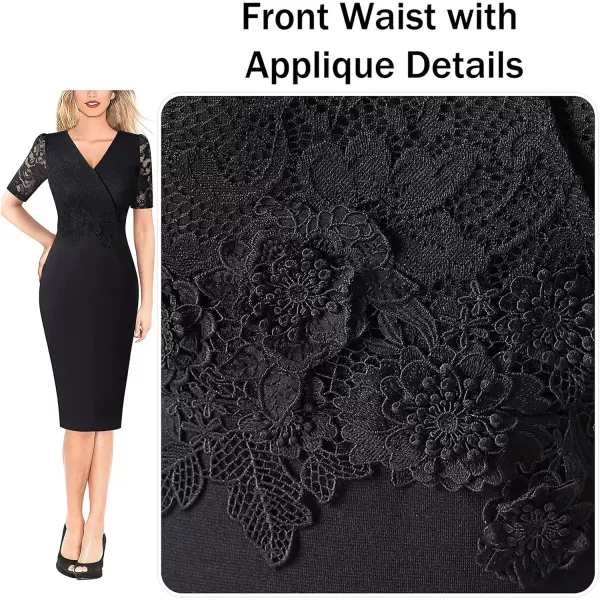 VFSHOW Womens Floral Lace Applique Waist V Neck Colorblock Cocktail Bodycon DressBlack  Floral Lace4