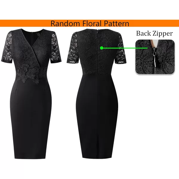 VFSHOW Womens Floral Lace Applique Waist V Neck Colorblock Cocktail Bodycon DressBlack  Floral Lace4