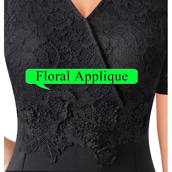 VFSHOW Womens Floral Lace Applique Waist V Neck Colorblock Cocktail Bodycon DressBlack  Floral Lace4