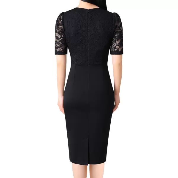 VFSHOW Womens Floral Lace Applique Waist V Neck Colorblock Cocktail Bodycon DressBlack  Floral Lace4