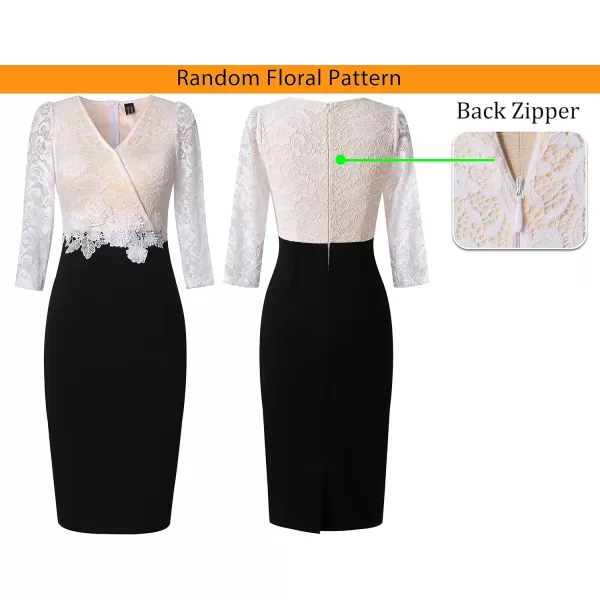 VFSHOW Womens Floral Lace Applique Waist V Neck Colorblock Cocktail Bodycon DressBlack  Off White Floral Lace