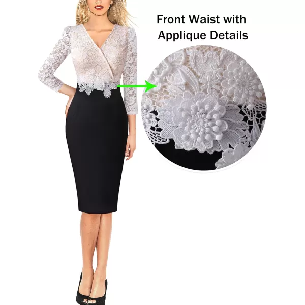 VFSHOW Womens Floral Lace Applique Waist V Neck Colorblock Cocktail Bodycon DressBlack  Off White Floral Lace