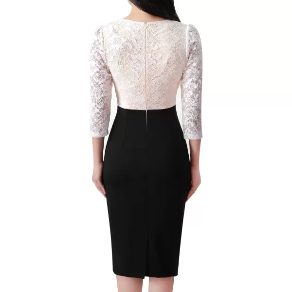 VFSHOW Womens Floral Lace Applique Waist V Neck Colorblock Cocktail Bodycon DressBlack  Off White Floral Lace