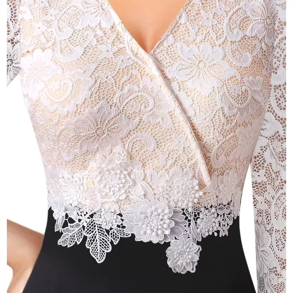 VFSHOW Womens Floral Lace Applique Waist V Neck Colorblock Cocktail Bodycon DressBlack  Off White Floral Lace