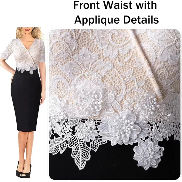 VFSHOW Womens Floral Lace Applique Waist V Neck Colorblock Cocktail Bodycon DressBlack  Off White Floral Lace2