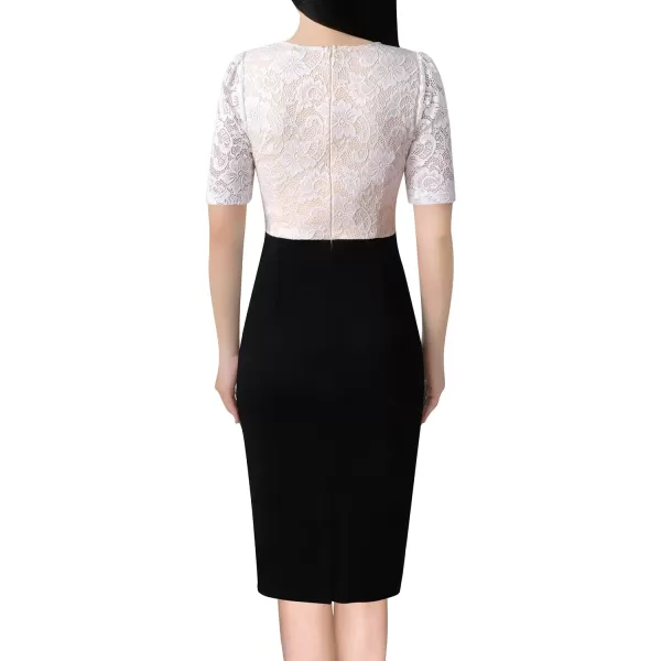 VFSHOW Womens Floral Lace Applique Waist V Neck Colorblock Cocktail Bodycon DressBlack  Off White Floral Lace2