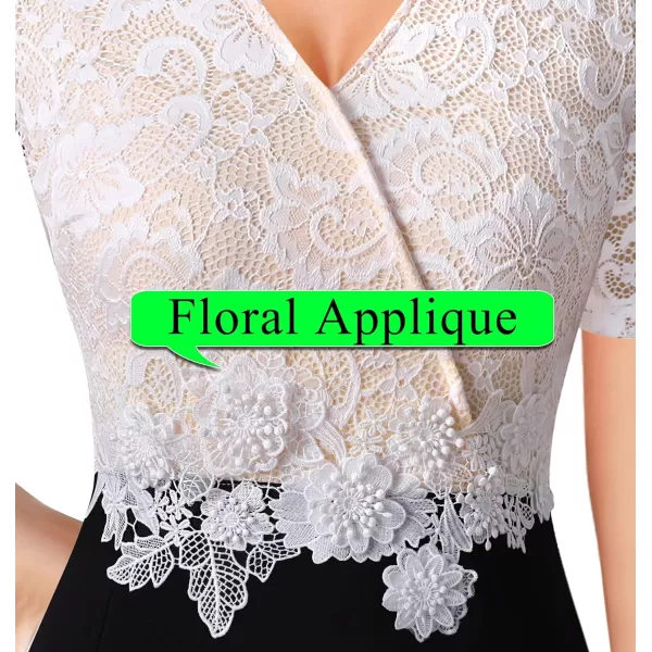 VFSHOW Womens Floral Lace Applique Waist V Neck Colorblock Cocktail Bodycon DressBlack  Off White Floral Lace2