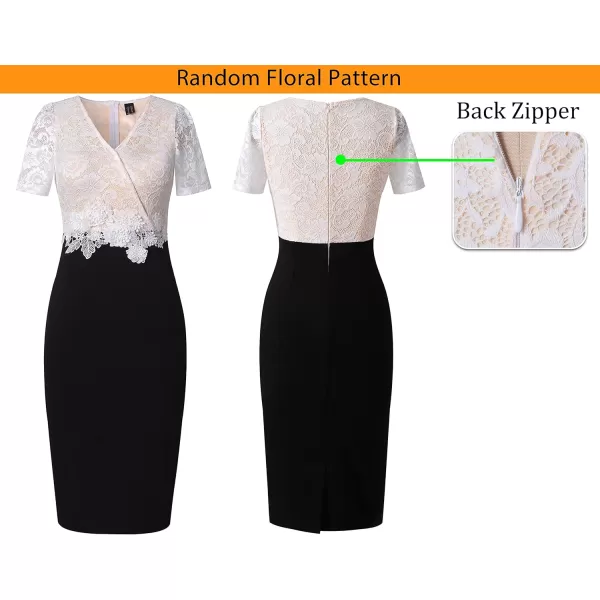 VFSHOW Womens Floral Lace Applique Waist V Neck Colorblock Cocktail Bodycon DressBlack  Off White Floral Lace2