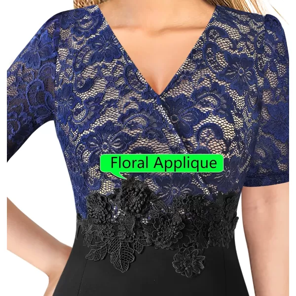 VFSHOW Womens Floral Lace Applique Waist V Neck Colorblock Cocktail Bodycon DressBlue Floral Lace  Black