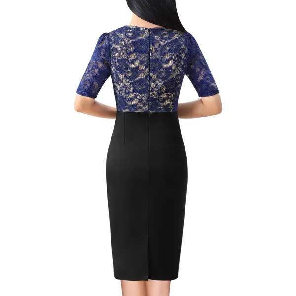 VFSHOW Womens Floral Lace Applique Waist V Neck Colorblock Cocktail Bodycon DressBlue Floral Lace  Black