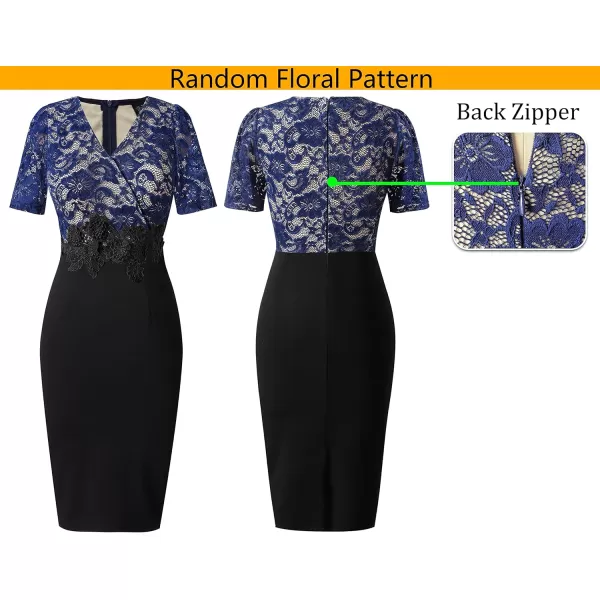 VFSHOW Womens Floral Lace Applique Waist V Neck Colorblock Cocktail Bodycon DressBlue Floral Lace  Black