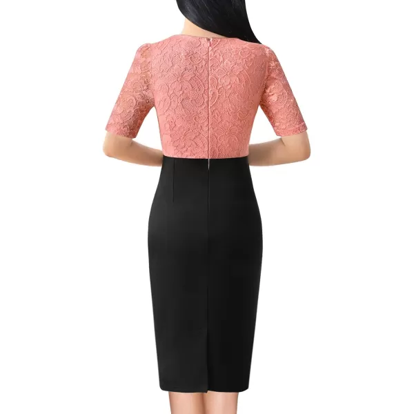 VFSHOW Womens Floral Lace Applique Waist V Neck Colorblock Cocktail Bodycon DressSalmon Floral Lace  Black