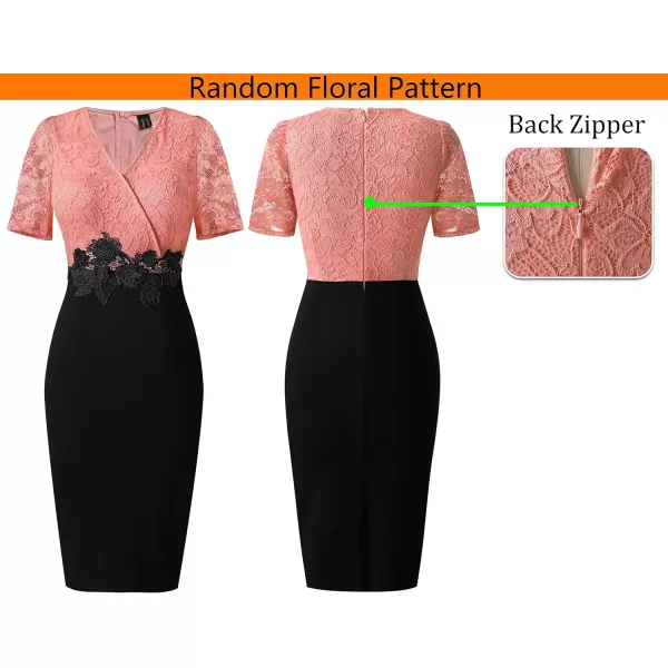 VFSHOW Womens Floral Lace Applique Waist V Neck Colorblock Cocktail Bodycon DressSalmon Floral Lace  Black