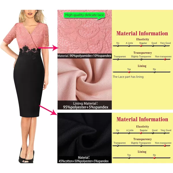 VFSHOW Womens Floral Lace Applique Waist V Neck Colorblock Cocktail Bodycon DressSalmon Floral Lace  Black