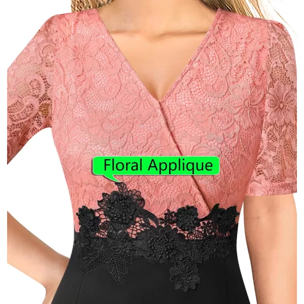 VFSHOW Womens Floral Lace Applique Waist V Neck Colorblock Cocktail Bodycon DressSalmon Floral Lace  Black