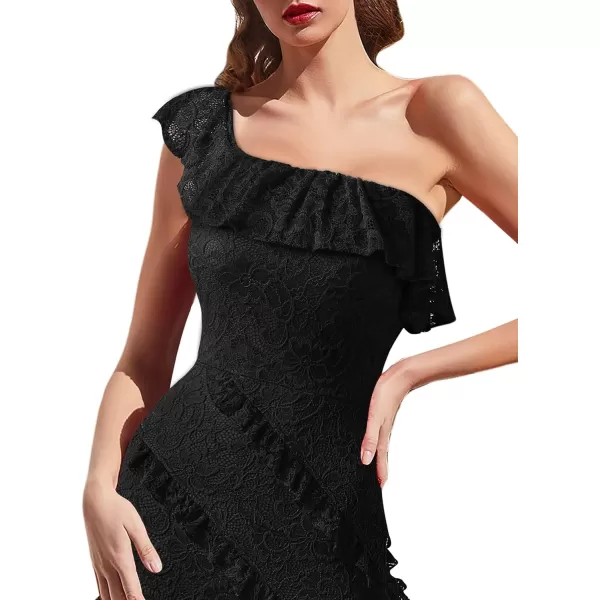 VFSHOW Womens Floral Lace Formal Tiered Ruffle Off Shoulder Slit Evening Maxi DressBlack Floral Lace2