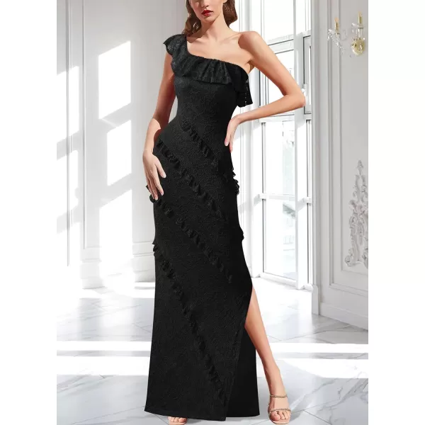 VFSHOW Womens Floral Lace Formal Tiered Ruffle Off Shoulder Slit Evening Maxi DressBlack Floral Lace2