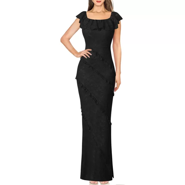 VFSHOW Womens Floral Lace Formal Tiered Ruffle Off Shoulder Slit Evening Maxi DressBlack Floral Lace2