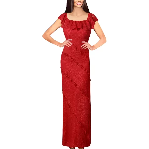 VFSHOW Womens Floral Lace Formal Tiered Ruffle Off Shoulder Slit Evening Maxi DressRed Floral Lace2