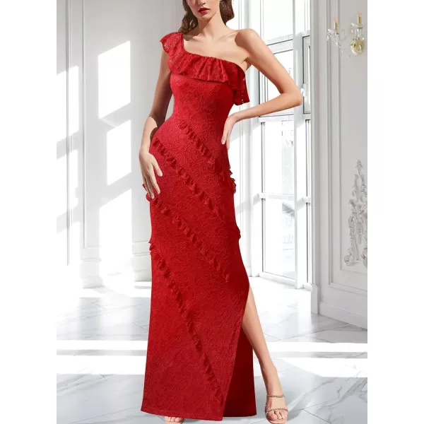 VFSHOW Womens Floral Lace Formal Tiered Ruffle Off Shoulder Slit Evening Maxi DressRed Floral Lace2