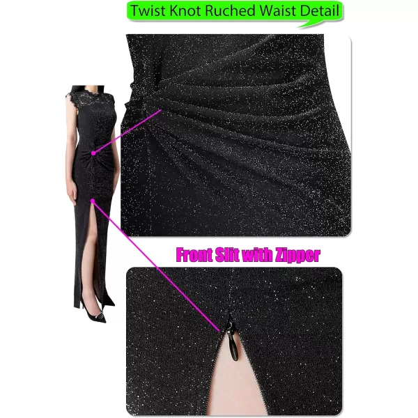 VFSHOW Womens Floral Lace Ruched Twist Twist Knot Front Split Formal Evening Maxi DressShiny Black  Floral Lace