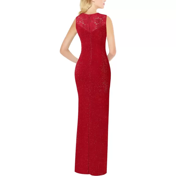 VFSHOW Womens Floral Lace Ruched Twist Twist Knot Front Split Formal Evening Maxi DressShiny Red