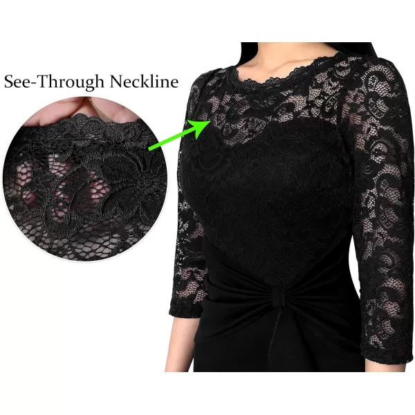 VFSHOW Womens Floral Lace Ruffle Peplum Bow Split Cocktail Party Bodycon Pencil DressBlack Lace34 Sleeves