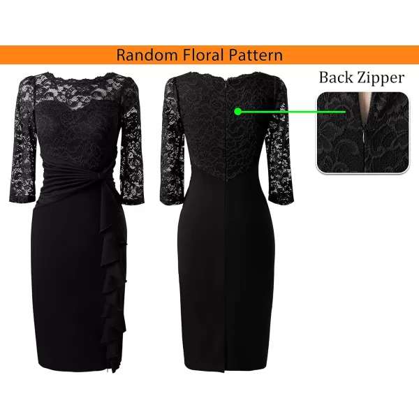 VFSHOW Womens Floral Lace Ruffle Peplum Bow Split Cocktail Party Bodycon Pencil DressBlack Lace34 Sleeves