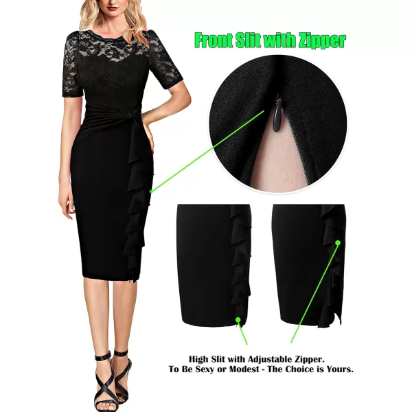 VFSHOW Womens Floral Lace Ruffle Peplum Bow Split Cocktail Party Bodycon Pencil DressBlack Laceshort Sleeve