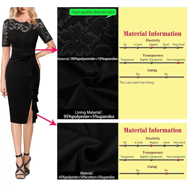 VFSHOW Womens Floral Lace Ruffle Peplum Bow Split Cocktail Party Bodycon Pencil DressBlack Laceshort Sleeve