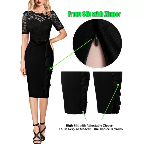 VFSHOW Womens Floral Lace Ruffle Peplum Bow Split Cocktail Party Bodycon Pencil DressBlack Laceshort Sleeve