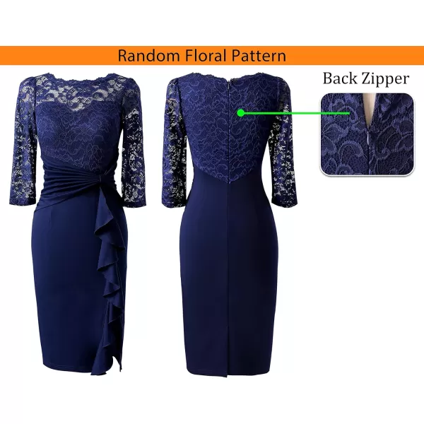 VFSHOW Womens Floral Lace Ruffle Peplum Bow Split Cocktail Party Bodycon Pencil DressBlue Lace34 Sleeves