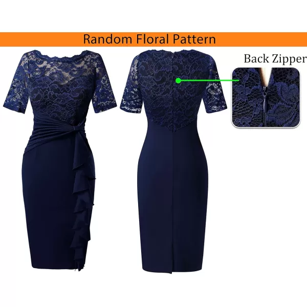 VFSHOW Womens Floral Lace Ruffle Peplum Bow Split Cocktail Party Bodycon Pencil DressBlue Laceshort Sleeve