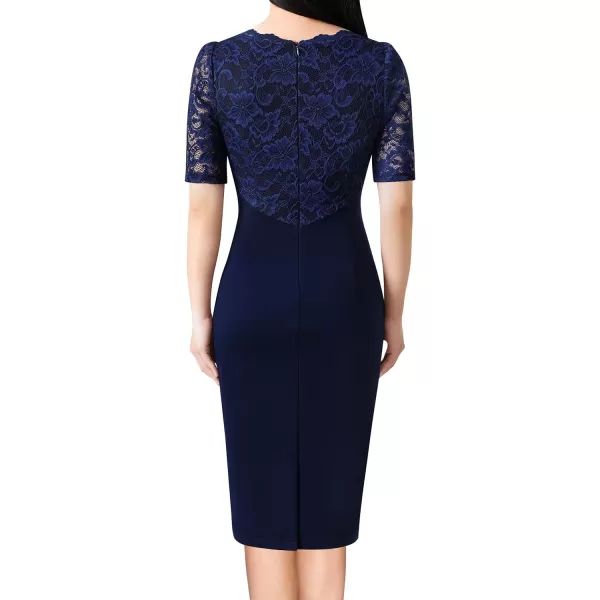 VFSHOW Womens Floral Lace Ruffle Peplum Bow Split Cocktail Party Bodycon Pencil DressBlue Laceshort Sleeve