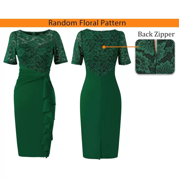 VFSHOW Womens Floral Lace Ruffle Peplum Bow Split Cocktail Party Bodycon Pencil DressGreen Laceshort Sleeve