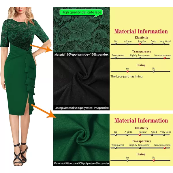 VFSHOW Womens Floral Lace Ruffle Peplum Bow Split Cocktail Party Bodycon Pencil DressGreen Laceshort Sleeve