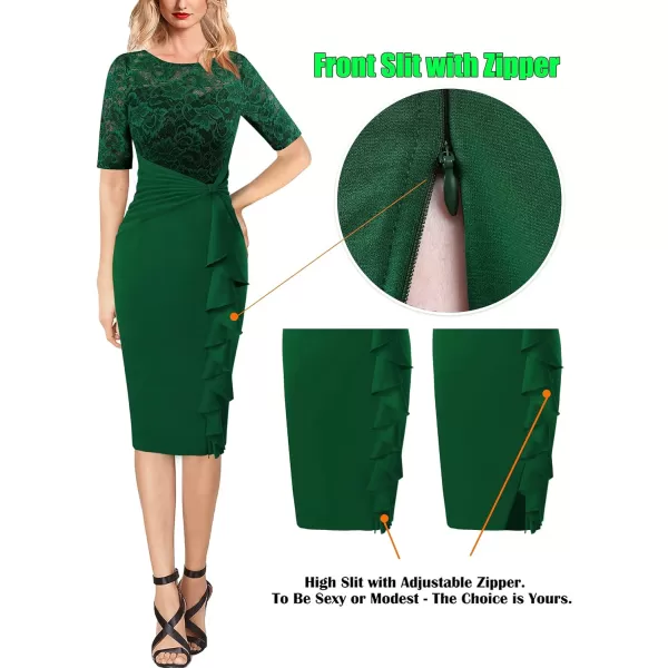 VFSHOW Womens Floral Lace Ruffle Peplum Bow Split Cocktail Party Bodycon Pencil DressGreen Laceshort Sleeve