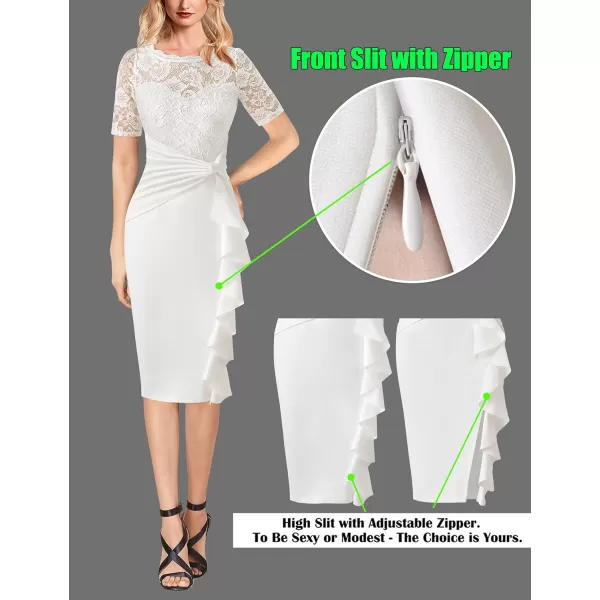 VFSHOW Womens Floral Lace Ruffle Peplum Bow Split Cocktail Party Bodycon Pencil DressOff White Laceshort Sleeve