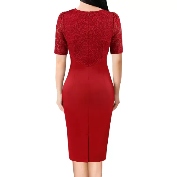 VFSHOW Womens Floral Lace Ruffle Peplum Bow Split Cocktail Party Bodycon Pencil DressRed Laceshort Sleeve