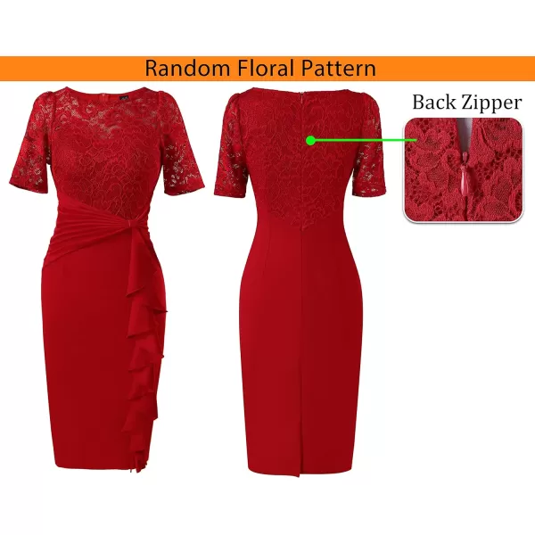 VFSHOW Womens Floral Lace Ruffle Peplum Bow Split Cocktail Party Bodycon Pencil DressRed Laceshort Sleeve