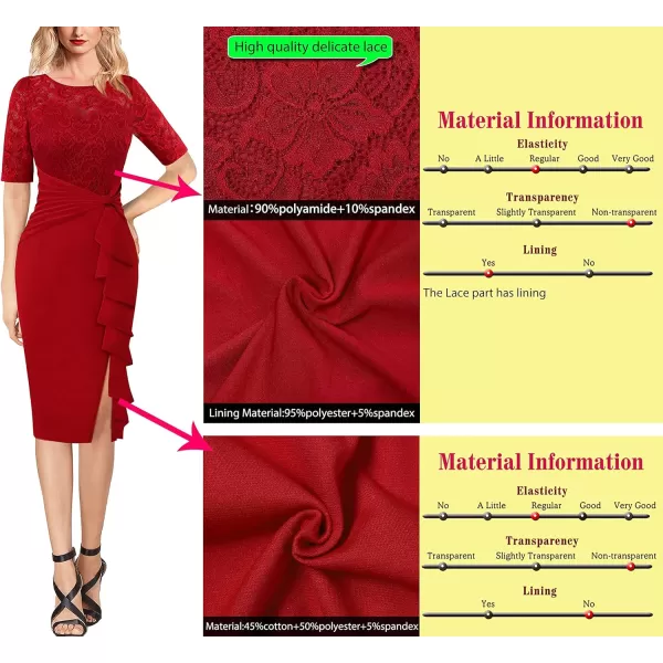 VFSHOW Womens Floral Lace Ruffle Peplum Bow Split Cocktail Party Bodycon Pencil DressRed Laceshort Sleeve