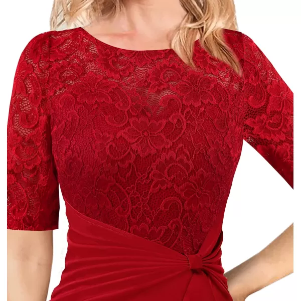 VFSHOW Womens Floral Lace Ruffle Peplum Bow Split Cocktail Party Bodycon Pencil DressRed Laceshort Sleeve