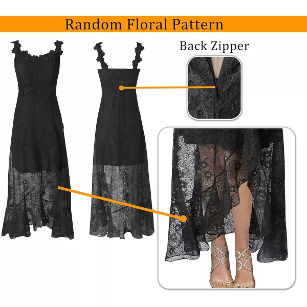 VFSHOW Womens Floral Lace Spaghetti Strap Applique Ruffle Split Formal Evening Gown Wedding Aline Maxi DressBlack Floral Lace