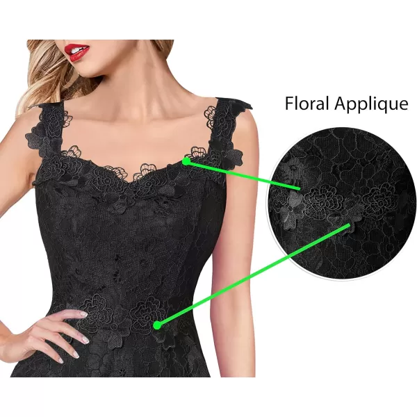 VFSHOW Womens Floral Lace Spaghetti Strap Applique Ruffle Split Formal Evening Gown Wedding Aline Maxi DressBlack Floral Lace